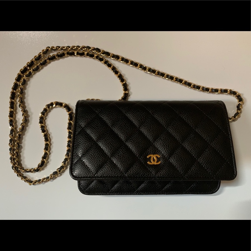 SOLD Chanel Quilted Black/Gold Wallet on Chain